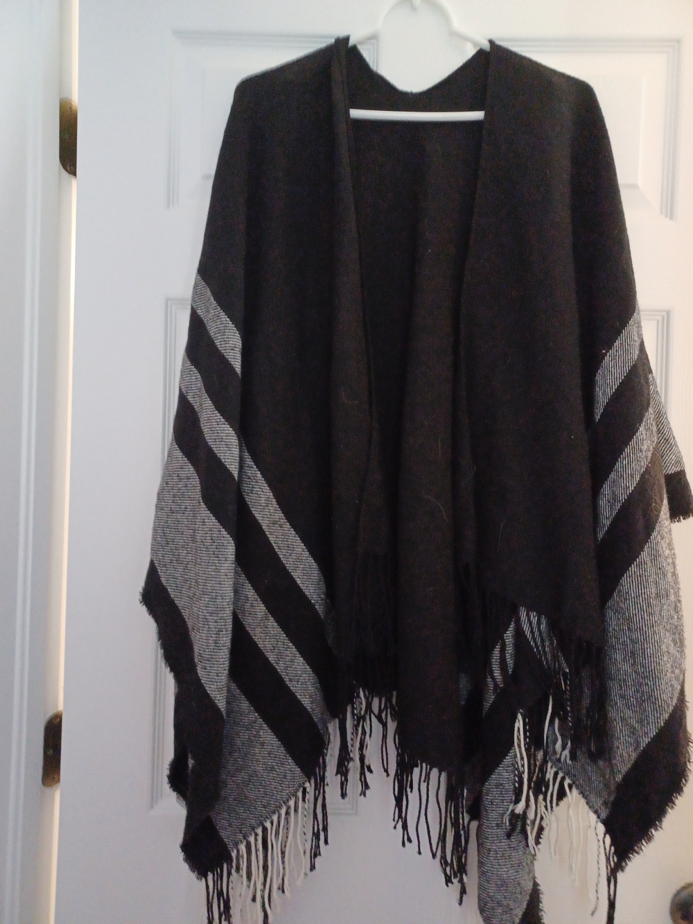 K.I.T Black and Gray Fringe Poncho Sweater One Size